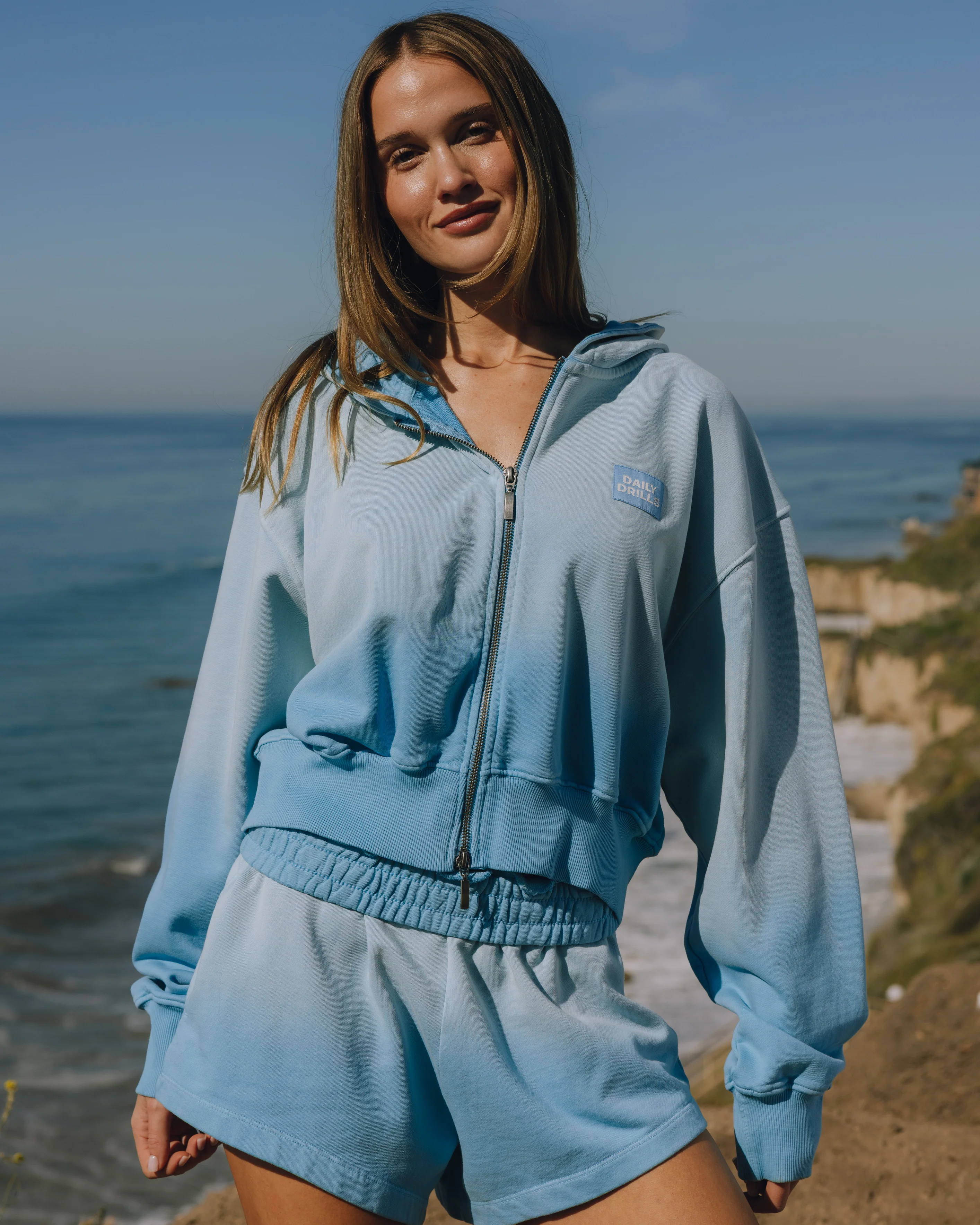 Double Zip Hoodie - Sunsoaked Malibu with Monochrome Patch